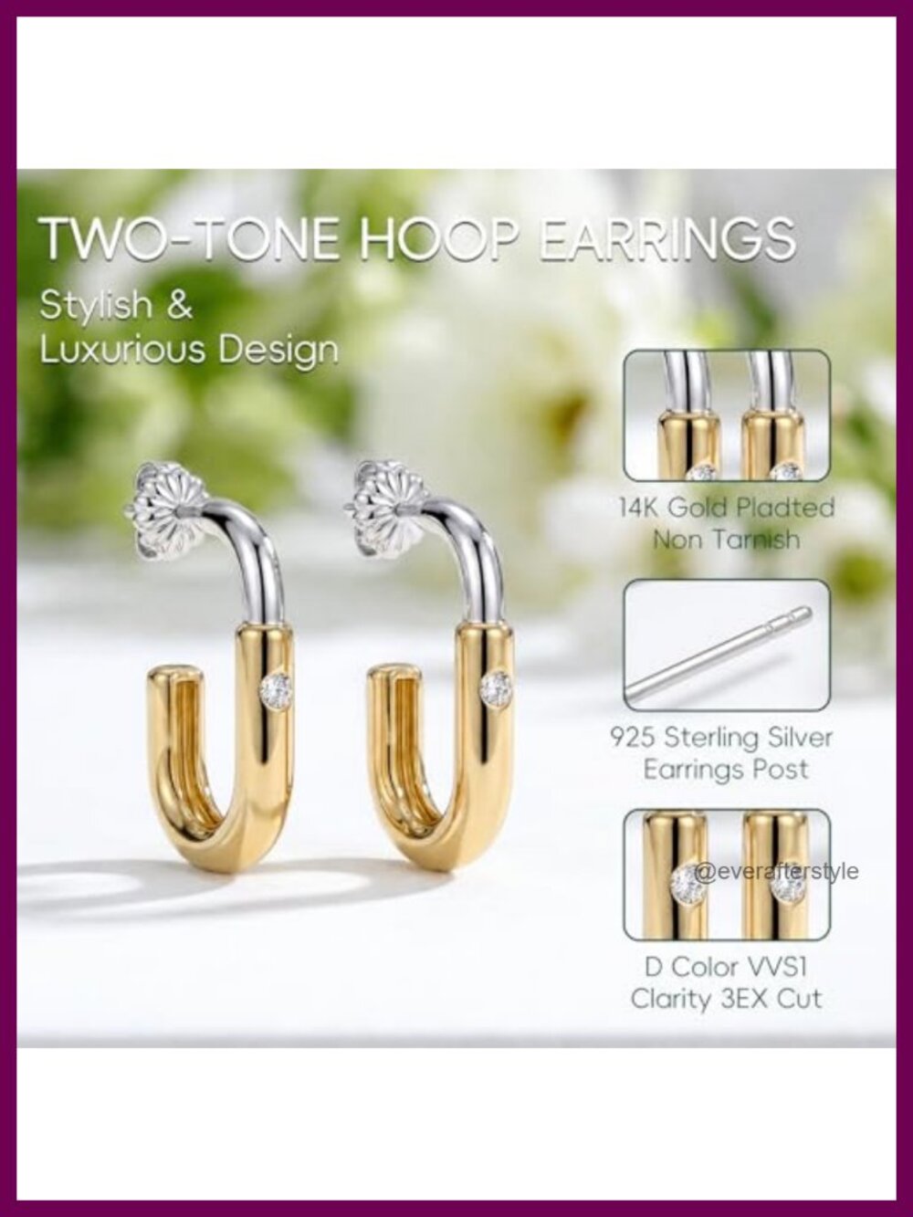 Two Tone Moissanite Hoop Earrings 14k Gold & White Gold Plated Hypoallergenic - Picture 4 of 5